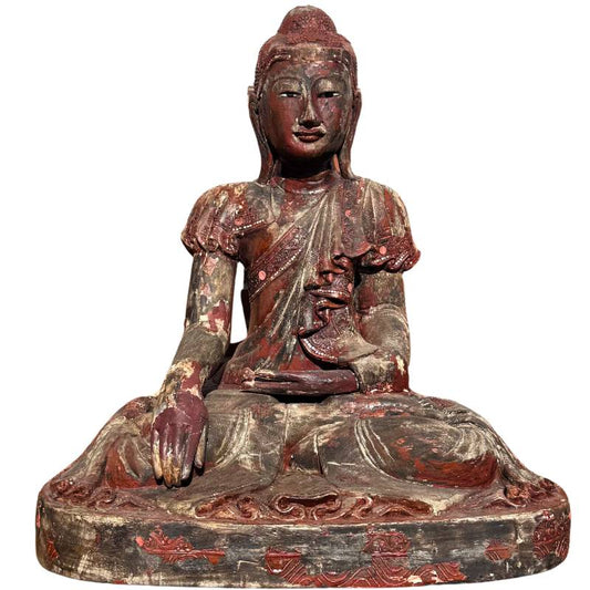 Birmese houten Boeddha sculptuur in Mandalay stijl met spiegelinleg
