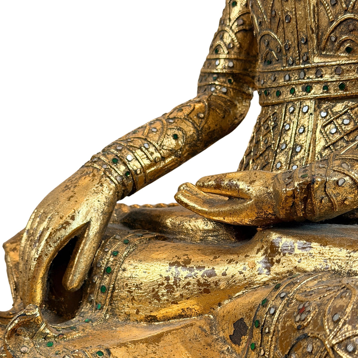 Detail van de rechterhand, linkerhand en rijk gedecoreerde schoot