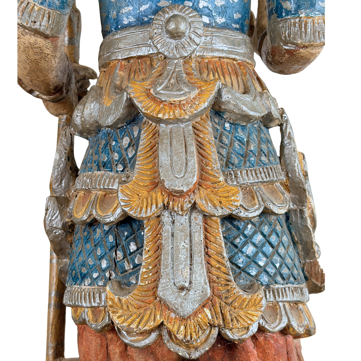 Birmese Nat-figuur: uitgesneden rugpanelen met blauw ruitpatroon