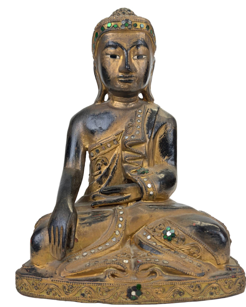 Birmese Vergulde Houten Boeddha met Glasinleg – Mandalay Stijl Myanmar