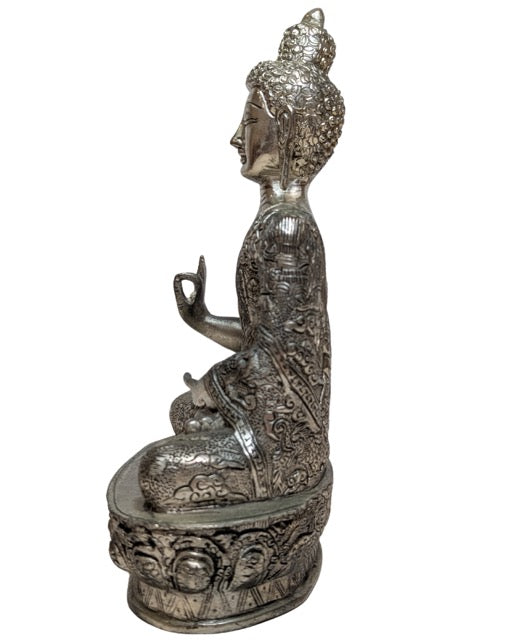 Nepalese Boeddha in zilverkleurige koperlegering Vitarka mudra