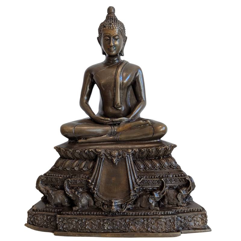 Zittende Boeddha in dhyana mudra van brons op olifantenvoetstuk