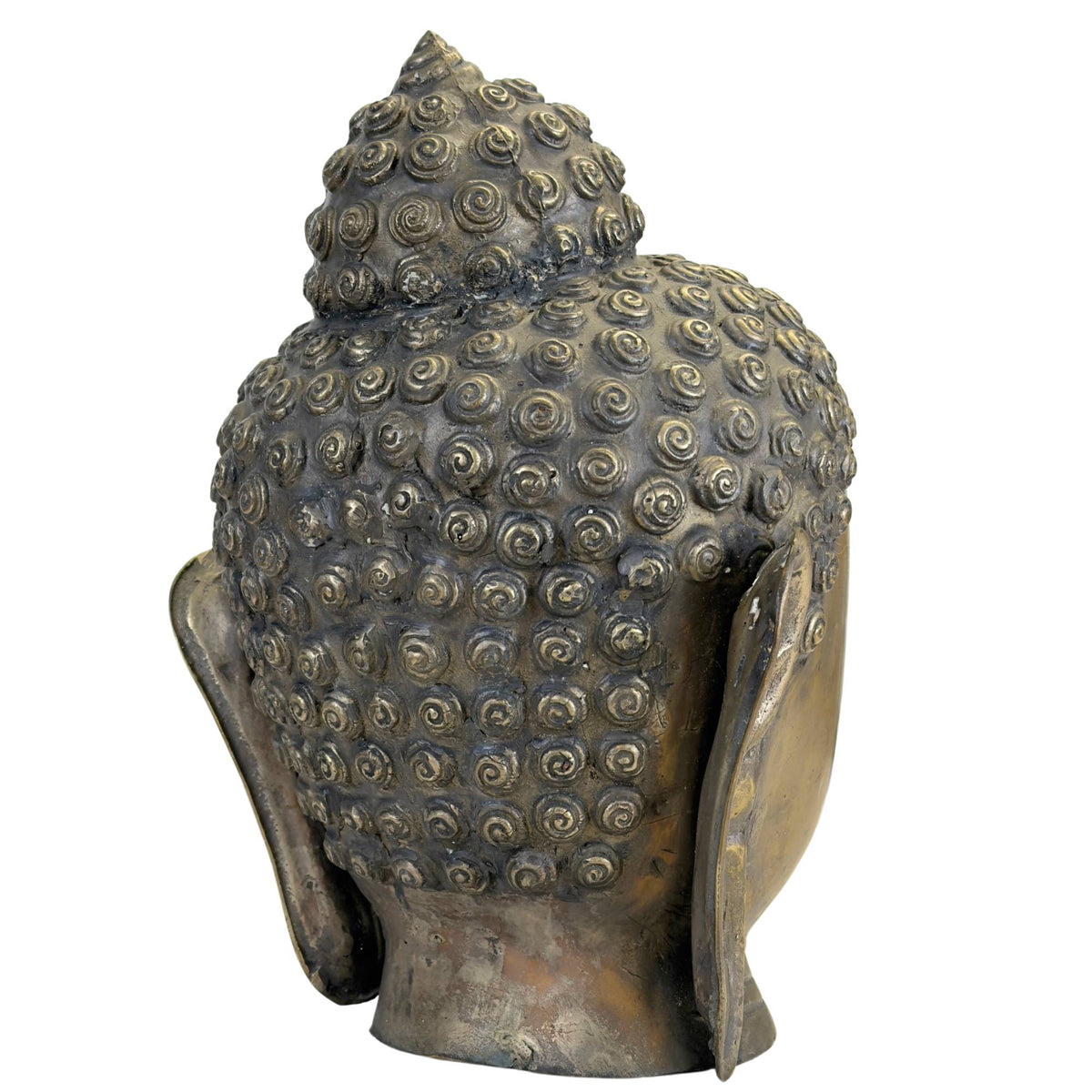 Zijaanzicht van een bronzen Boeddha hoofd met verfijnde details