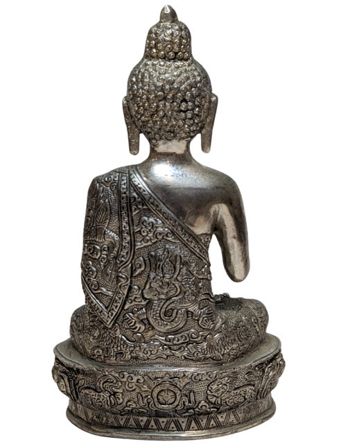 Nepalese Boeddha in zilverkleurige koperlegering Vitarka mudra