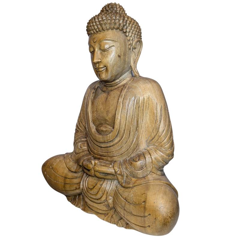 Houten Boeddha sculptuur uit Zuidoost-Azië midden 20e eeuw in dhyana mudra