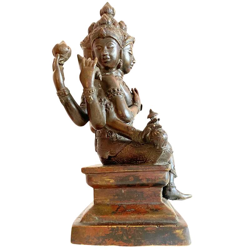 Bronzen tempelbeeld van Brahma met resten van oorspronkelijke vuurvergulding