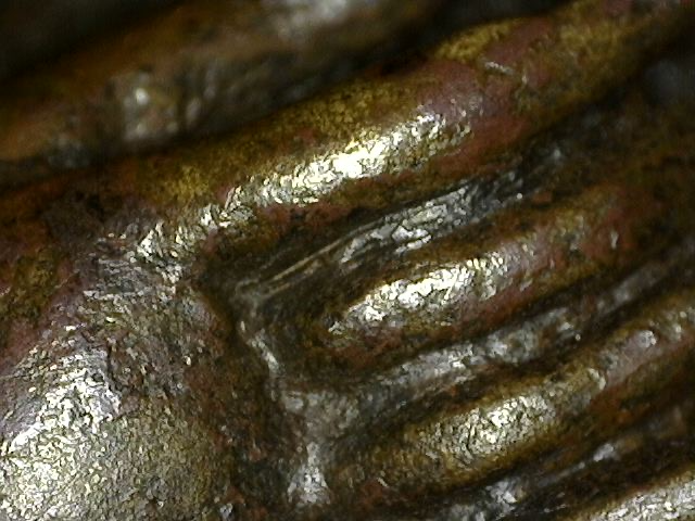 Microscoopbeeld van minerale afzettingen op vuurverguld bronzen Brahma