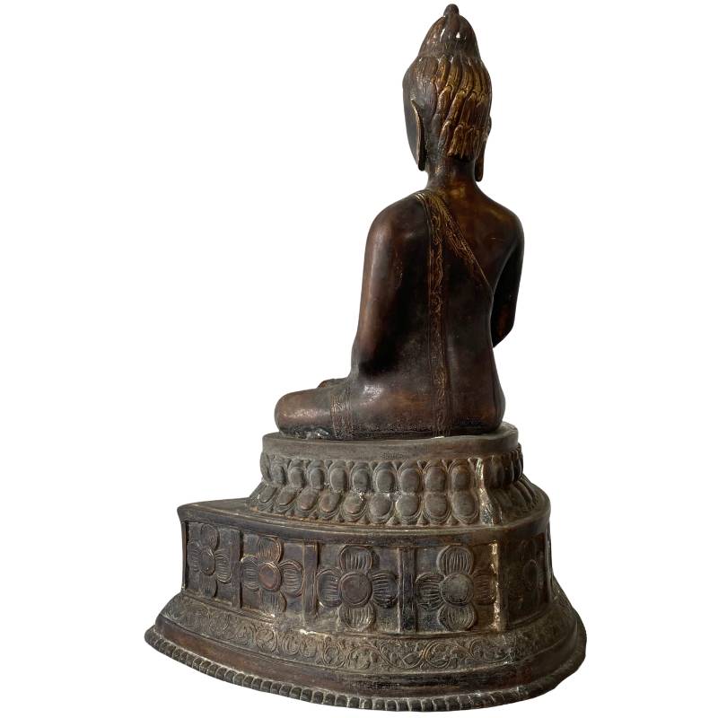 Detail van Himalaya bronzen Boeddha met vergulding en patina structuur, dhyana mudra