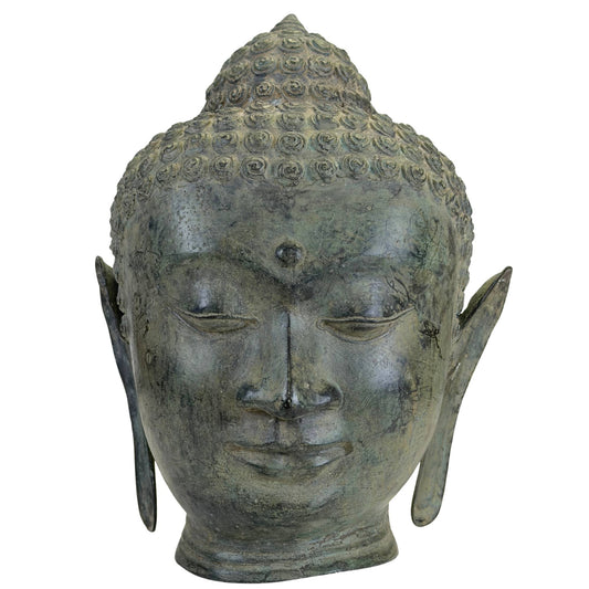 Bronzen Boeddha hoofd in Thaise U Thong stijl met groene verdigris patina