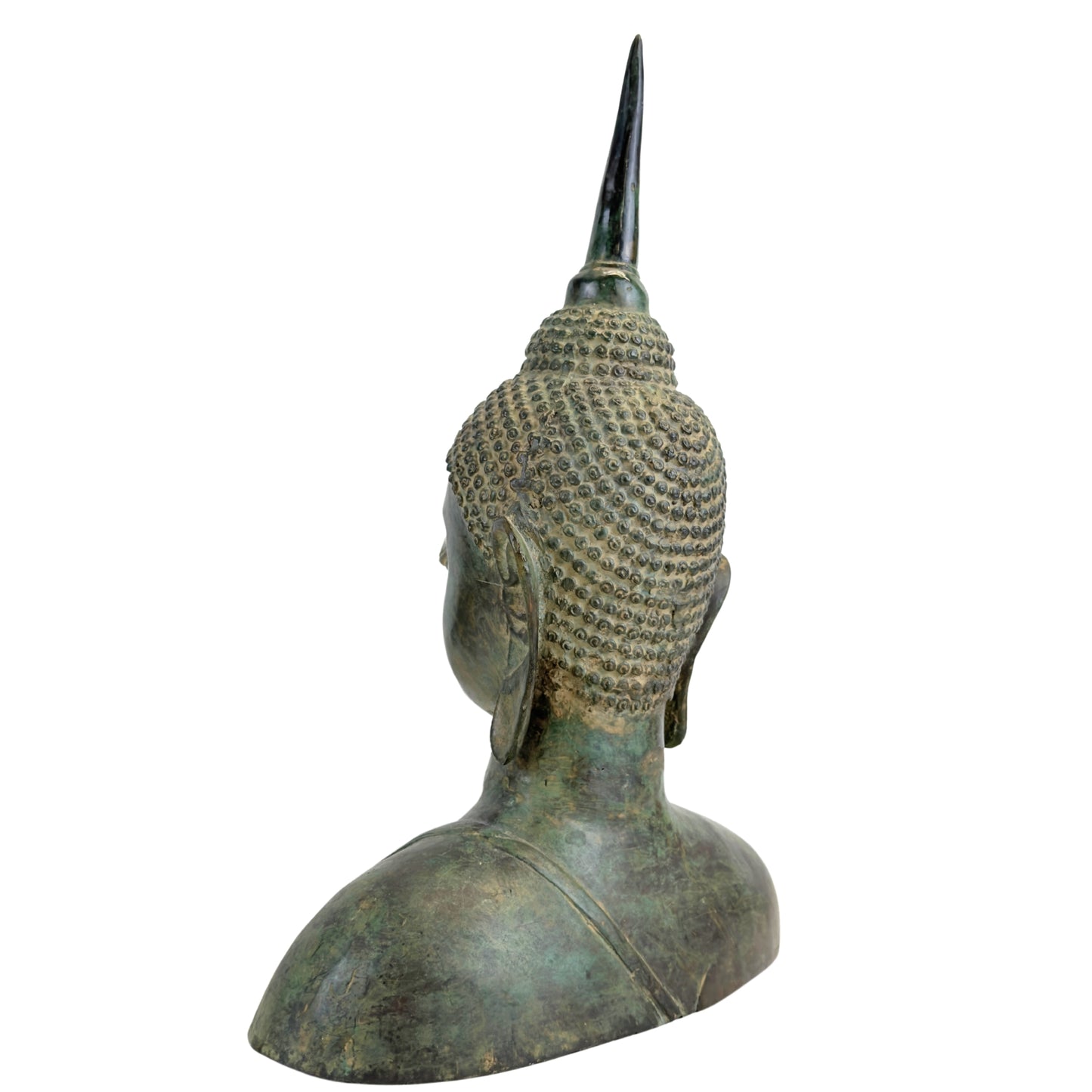Rechterprofiel van een bronzen Boeddhabuste uit Thailand in Sukhothai-stijl.
