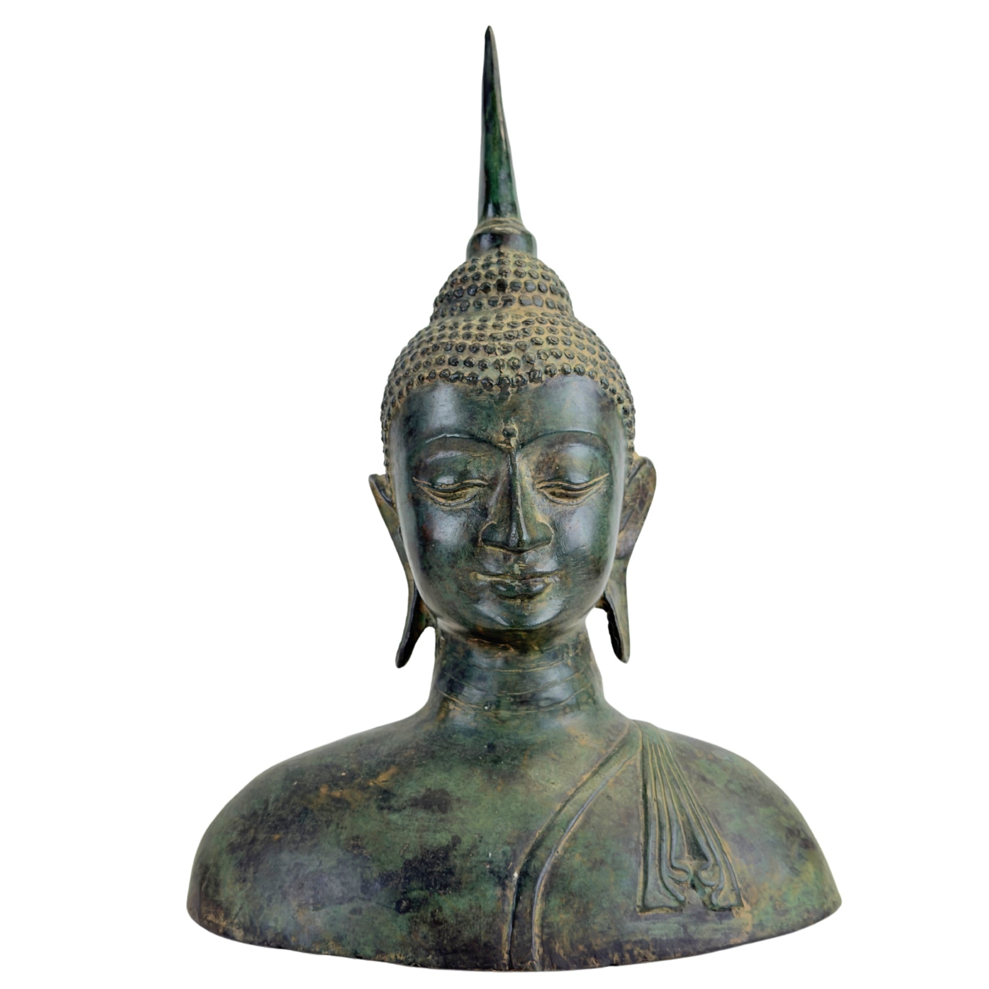 Bronzen Boeddhabuste uit Thailand in Sukhothai-stijl, vooraanzicht.