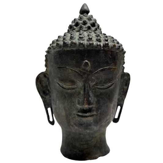 bronzen boeddhahoofd himalaya antiek patina serene expressie 