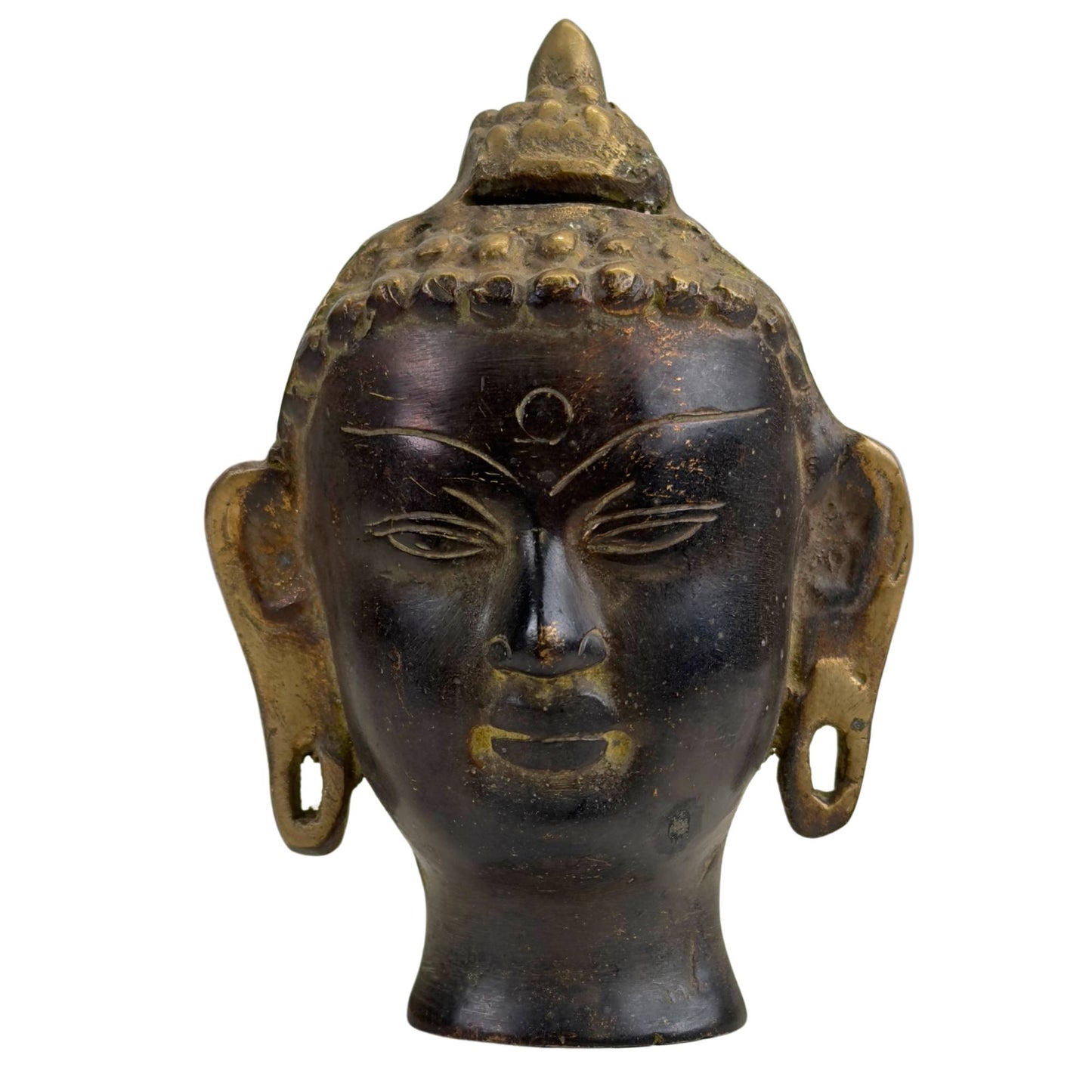 Bronzen Boeddhahoofd met hoge ushnisha en donkere patina