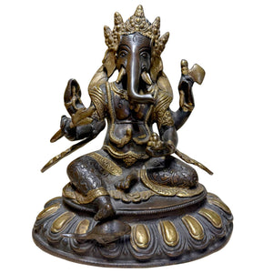 Bronzen Ganesha Beeld met Lotusbasis – Nepalese Stijl – Zwaar Brons met Gouden Accenten – 20.6 cm