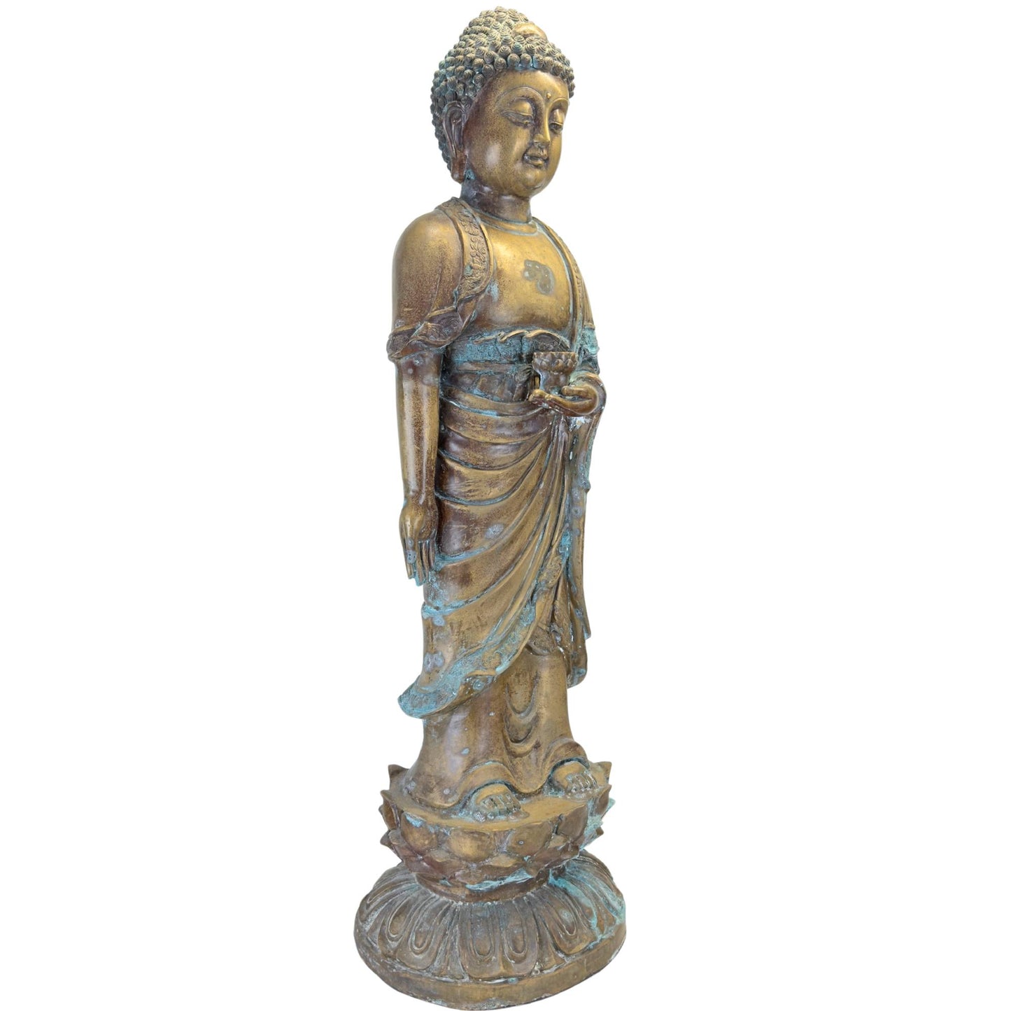Linkerzijde van een staande bronzen Medicijnboeddha met natuurlijke koperpatina.