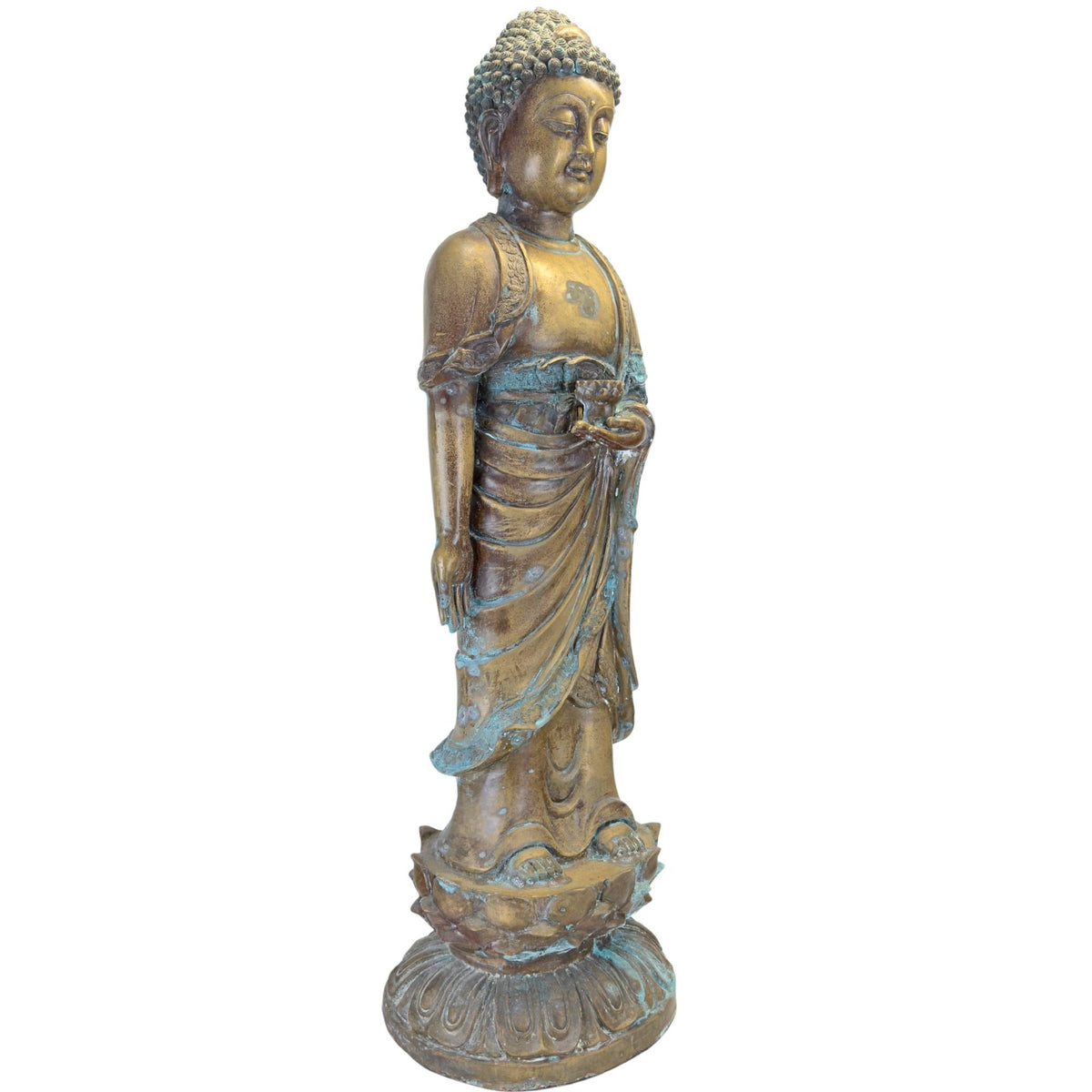 Linkerzijde van een staande bronzen Medicijnboeddha met natuurlijke koperpatina.
