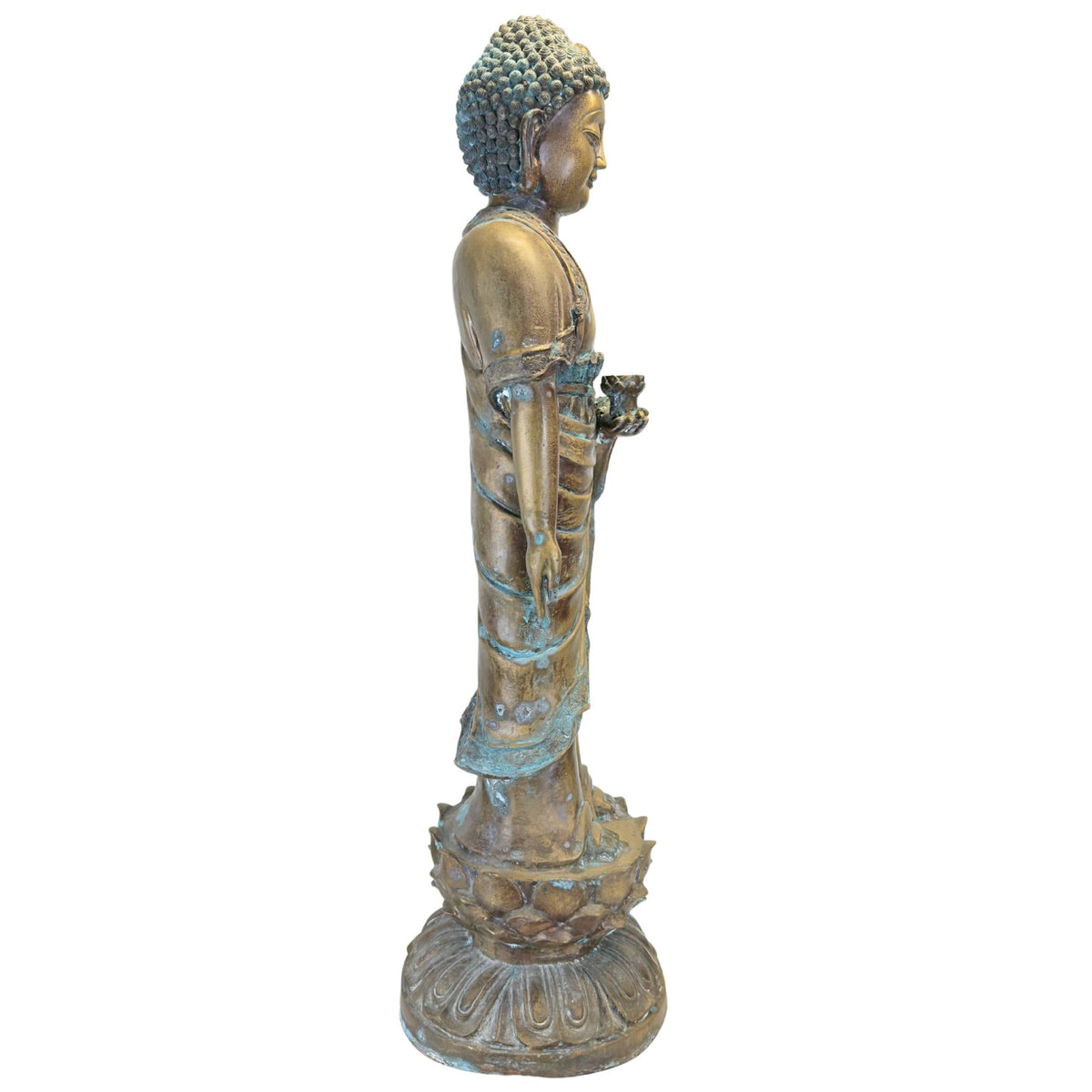 Rechterzijde van een Chinese bronzen Medicijnboeddha op dubbele lotustroon.