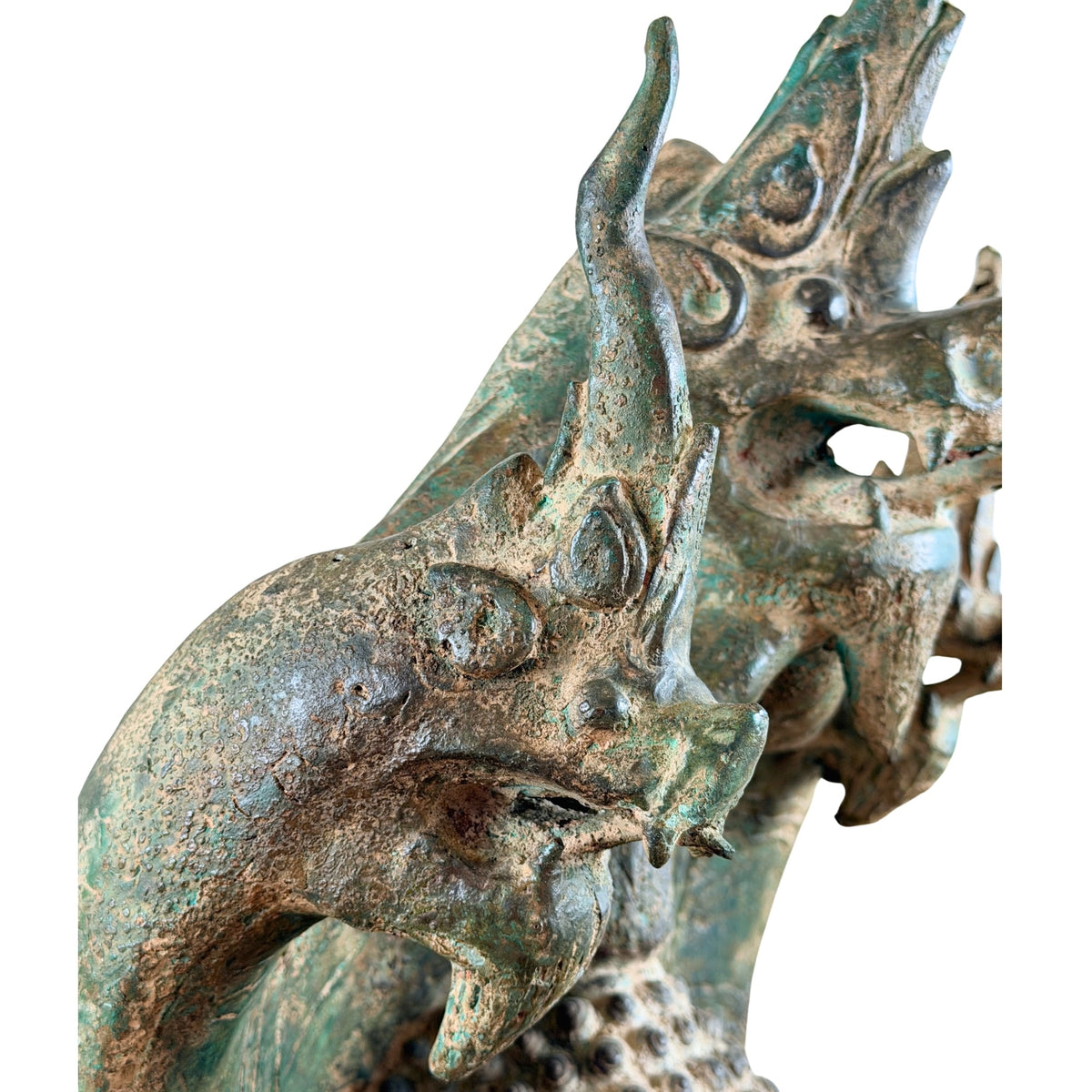 Detail van een voorste naga-kop met open bek, hoornvorm en oude patina