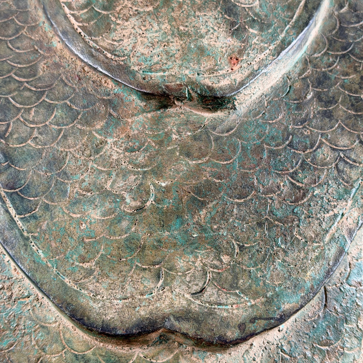 Close-up van het gegraveerde schubpatroon en patina