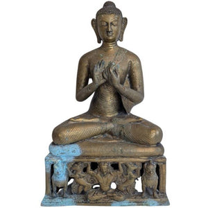 Zittende Shakyamuni Boeddha met prediking mudra – bronzen tempelbeeld