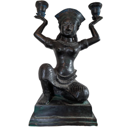 Bronzen Yakshi tempeldanseres kandelaar Zuid-India decoratie