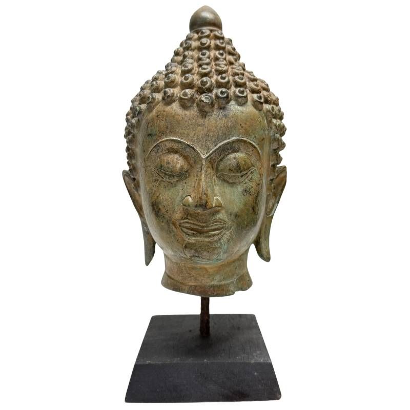 Bronzen boeddhahoofd uit Zuidoost Azië 19e eeuw met serene uitdrukking