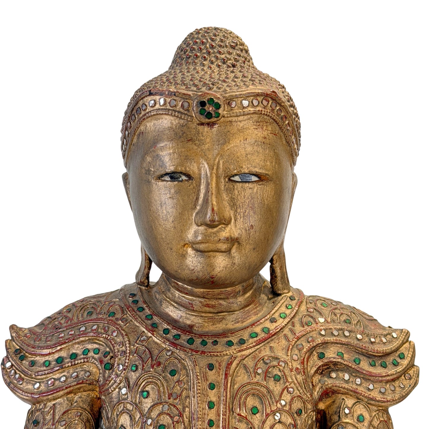 Detail van de ingelegde ogen en het gezicht van de Birmese Jambupati-Boeddha, SKU 738