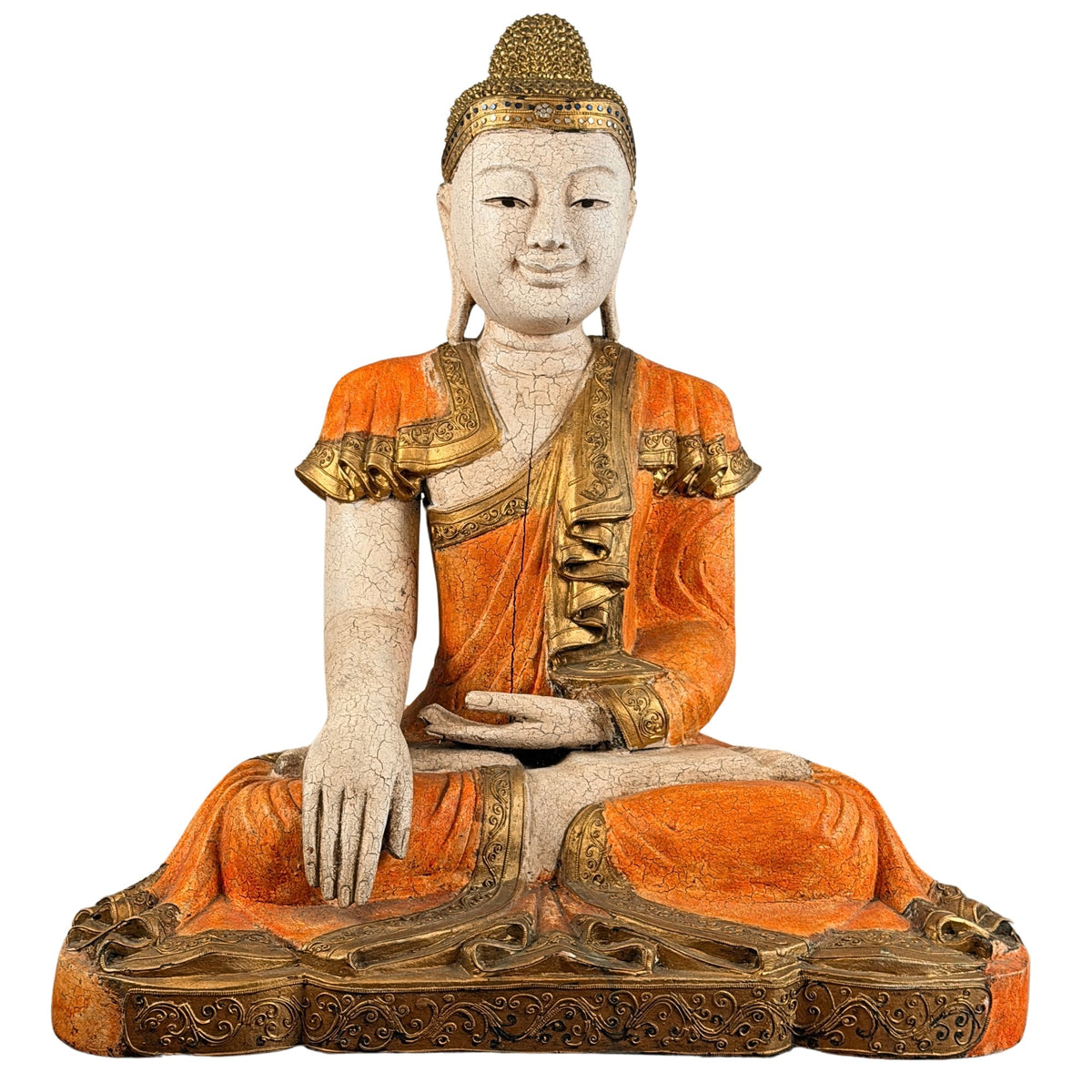 Monumentale Birmese Mandalay Boeddha in beschilderd en verguld hout, vooraanzicht