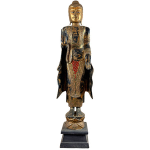 Monumentale Antieke Birmese Mandalay Boeddha – Verguld Hout met Glasmozaïek – ca. 1890–1920 – 114,5 cm