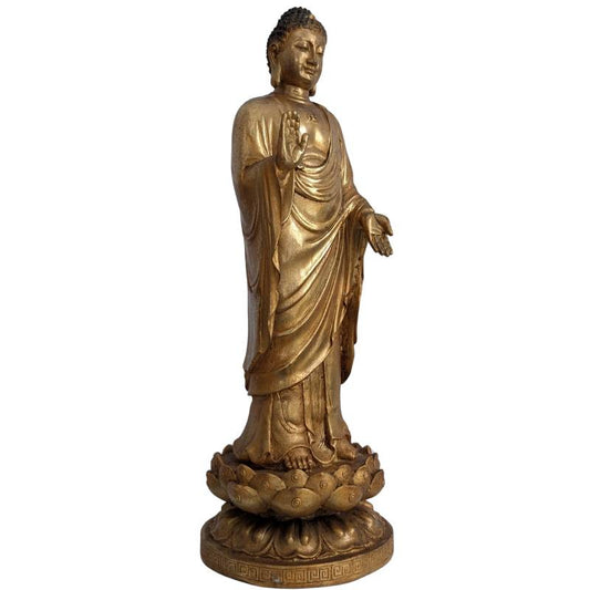 Chinees Boeddhabeeld in verguld brons met Abhaya mudra