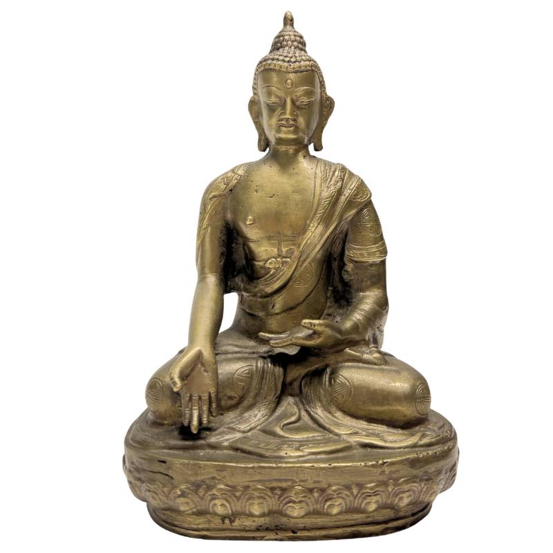 Chinees bronzen Boeddhabeeld uit de Qing periode met shou symbolen op het gewaad