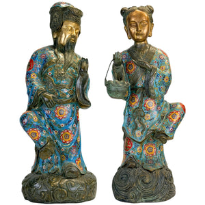Monumentaal Chinees Cloisonné Paar Lü Dongbin & Lan Caihe – Qing 19e Eeuw