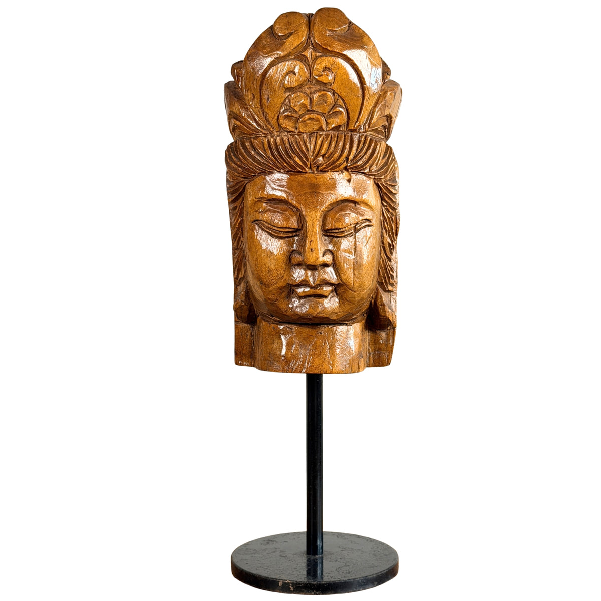 Vintage Chinees houten Guanyin-hoofd op staander, vooraanzicht