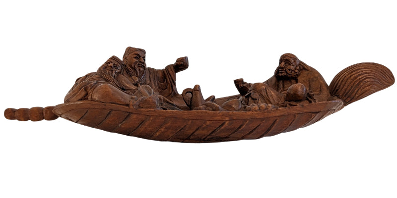 Detail van 19e-eeuws Chinees houten snijwerk met figuren van onsterfelijken in een boot