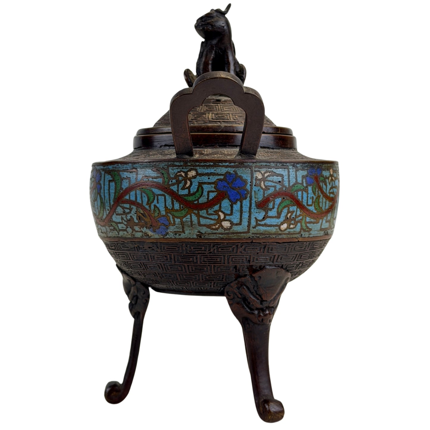 Achterzijde van antieke Chinese bronzen wierookbrander met emaille