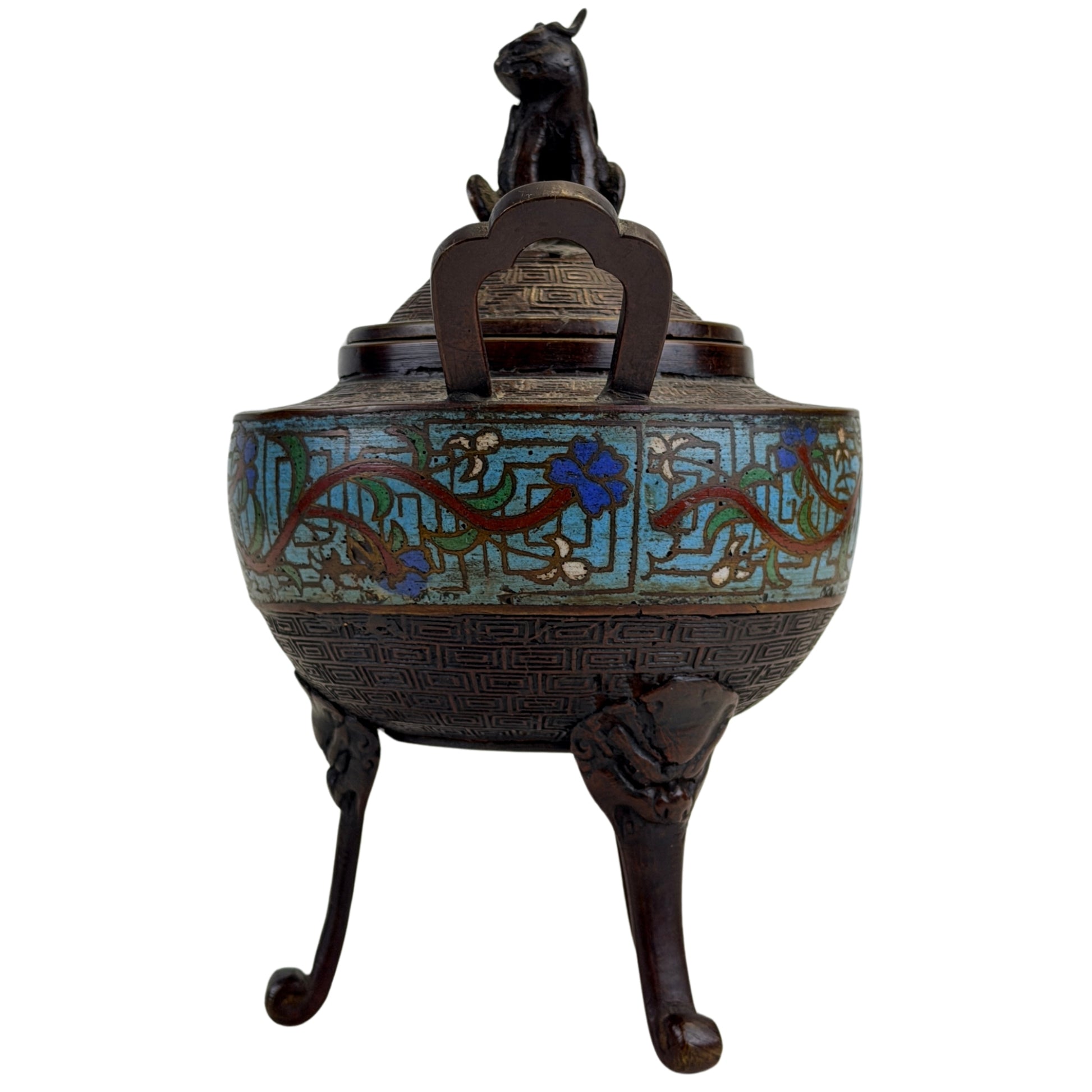 Achterzijde van antieke Chinese bronzen wierookbrander met emaille