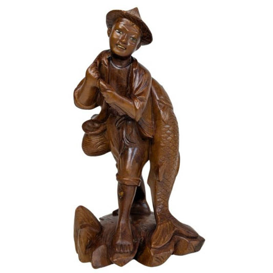 Chinees houten geluksbeeld van visser met karper