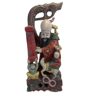 Monumentaal Handgesneden Chinees Teakwood Shoulao Sculptuur – God van de Lang Levensduur (65,5 x 27,5 cm / 8,6 kg)