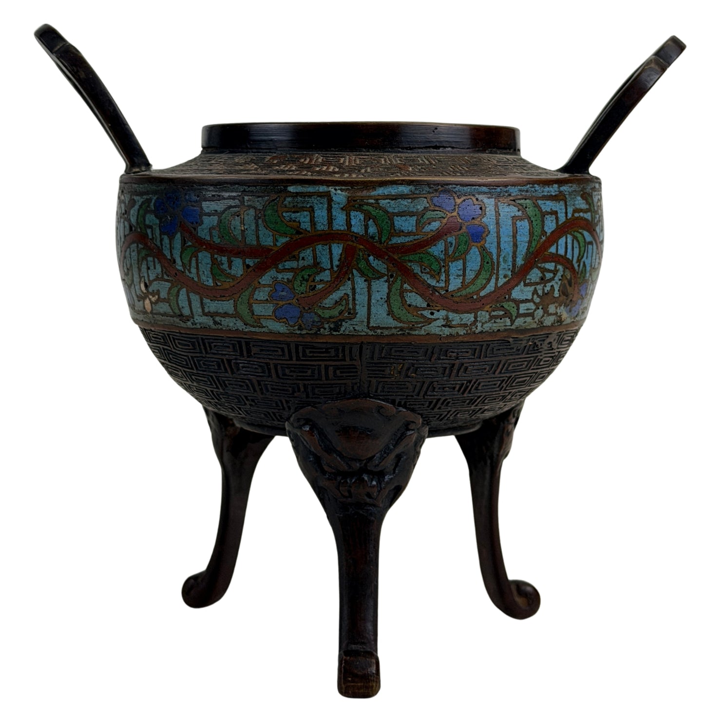 Chinese bronzen tripod wierookbrander met polychroom emaille zonder deksel