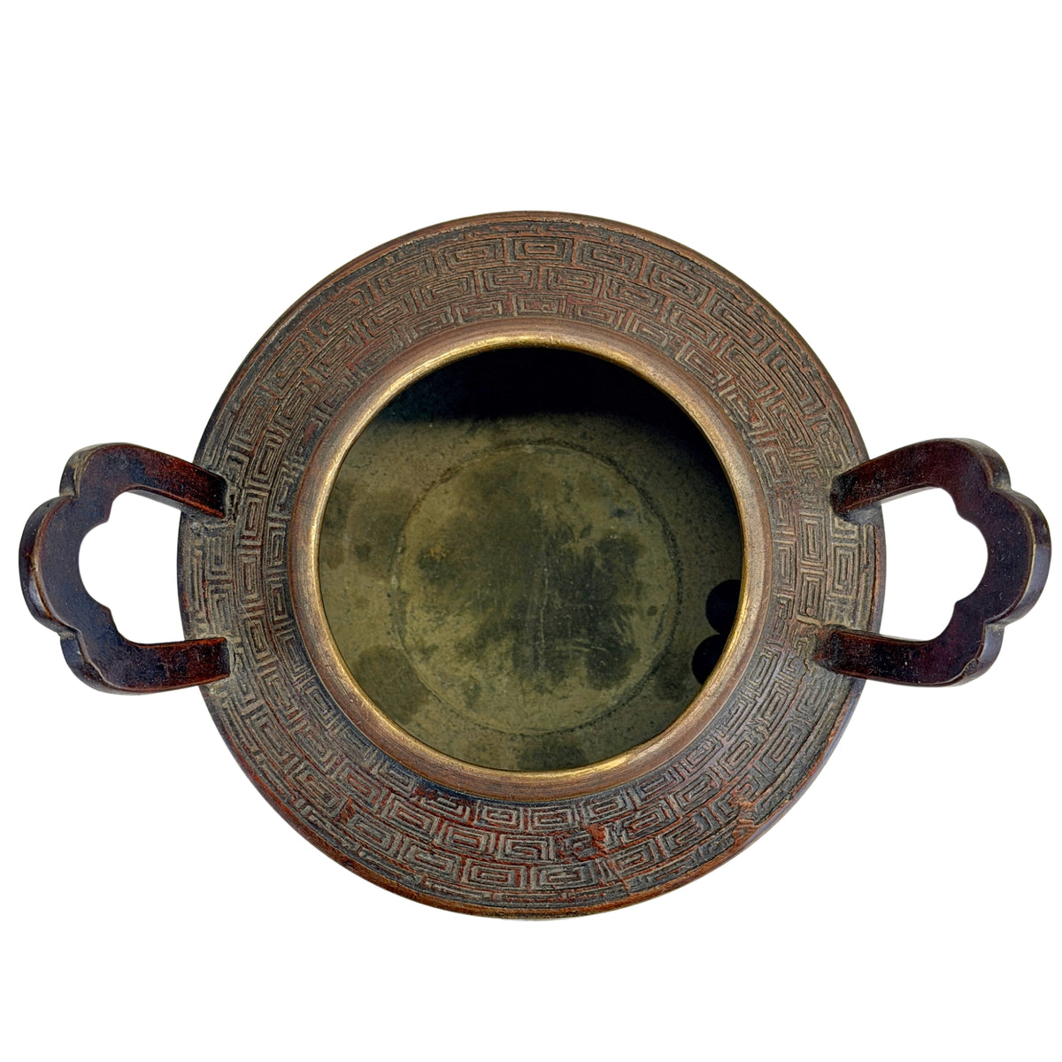 Bovenaanzicht van binnenzijde van Chinese bronzen tripod wierookbrander