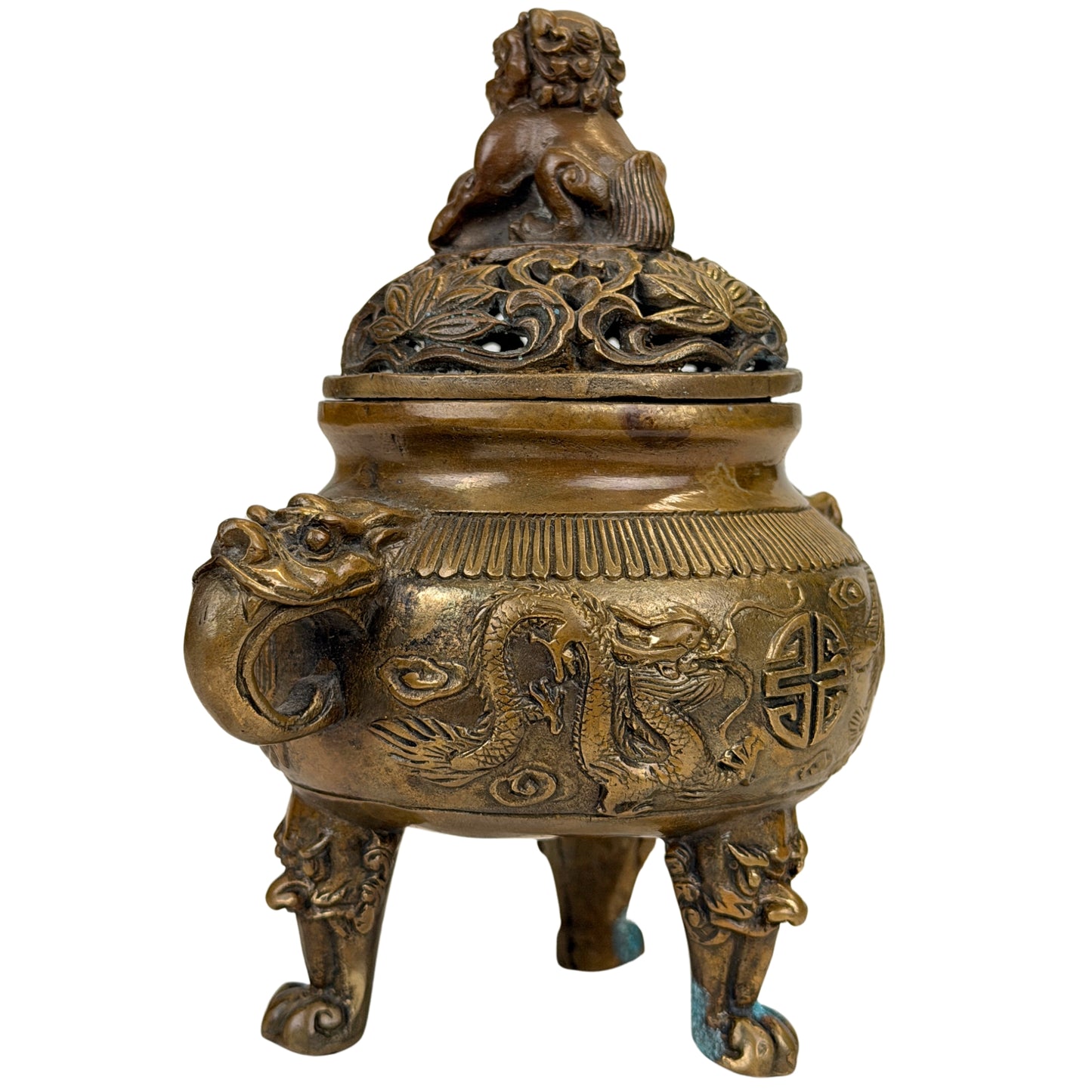 Draak in reliëf op Chinese tripod wierookbrander met goudbruine patina