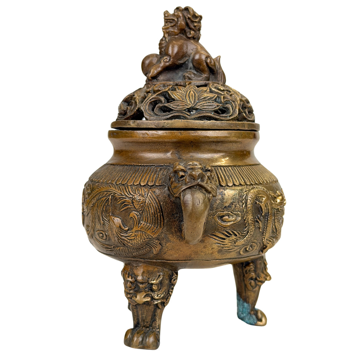 Detail van feniks en wolkmotieven op Chinese wierookbrander