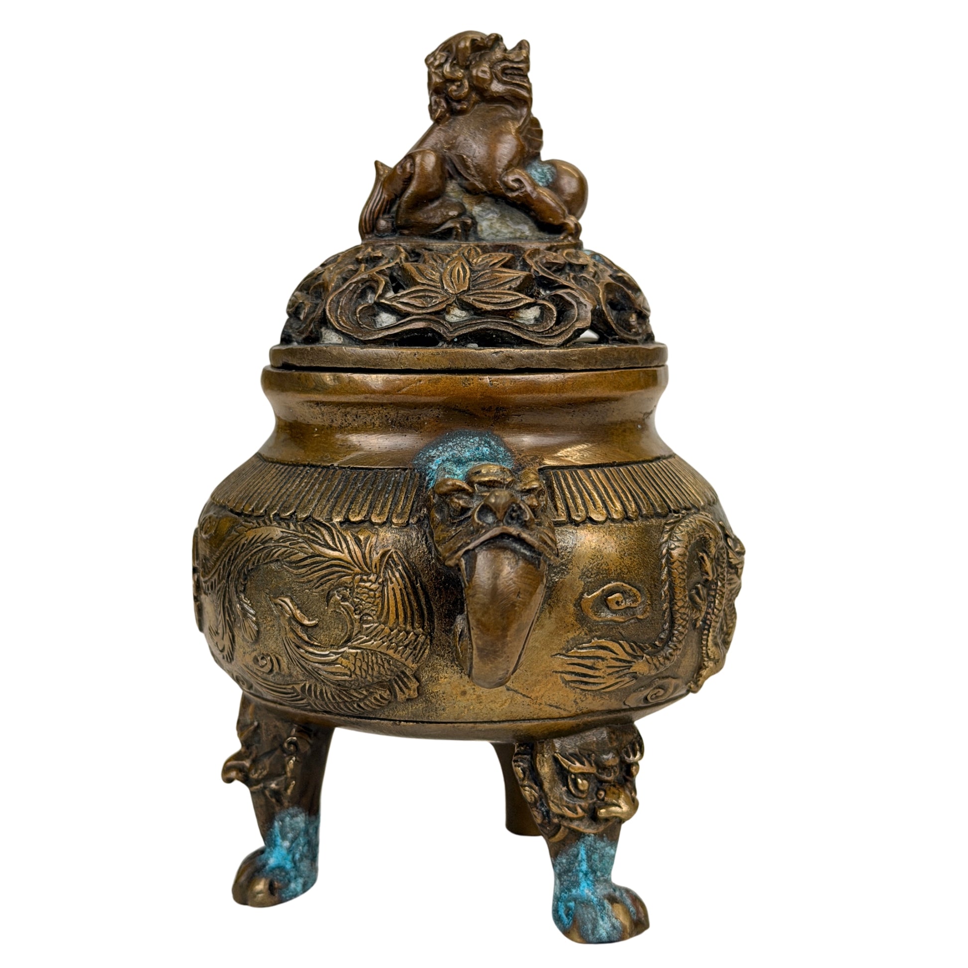 Chinese wierookbrander met feniksdecoratie en sculpturale dierkop-handgreep