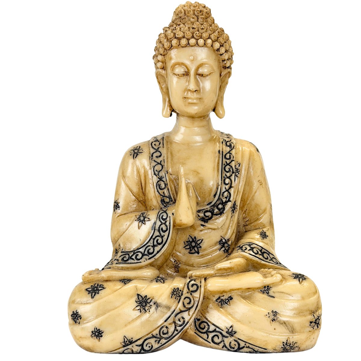 Decoratieve zittende Boeddha in resin met Abhaya-mudra, crème en zwart – vooraanzicht
