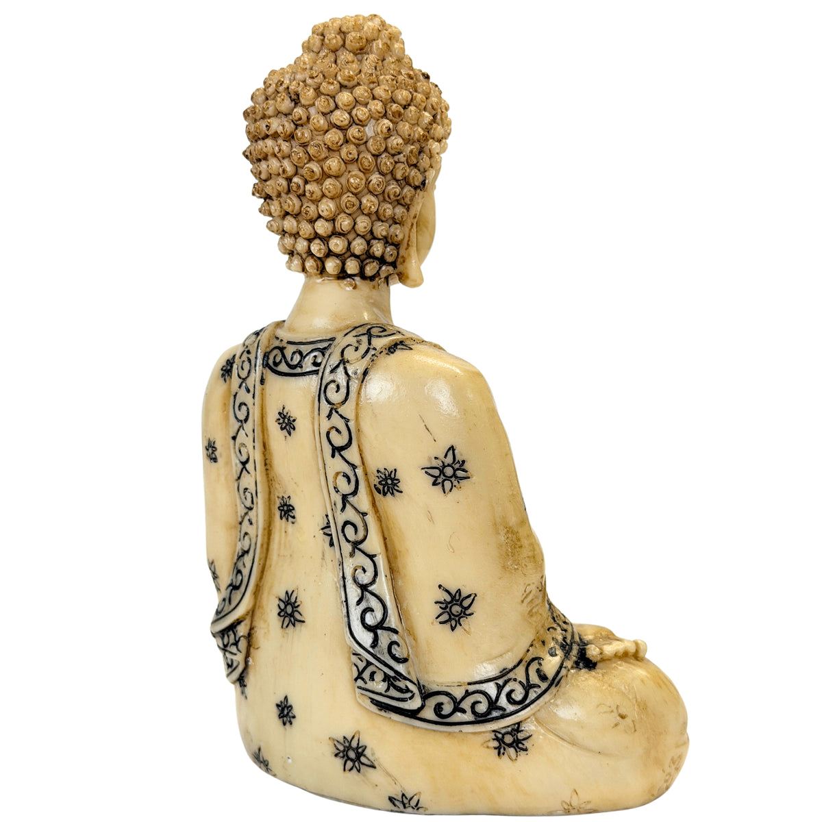 Decoratieve Boeddha in resin, crème afwerking met zwarte ornamenten – achteraanzicht