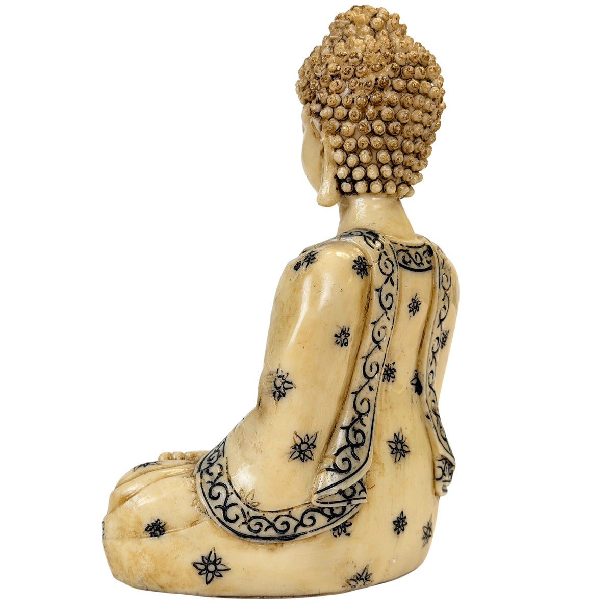 Detail van Abhaya-mudra en zwarte ornamentiek op resin Boeddha