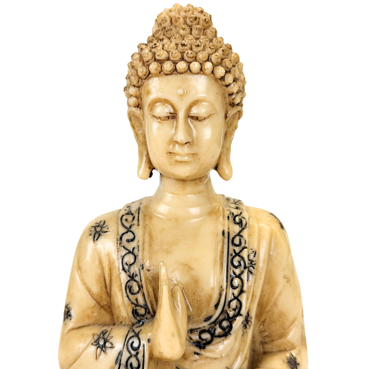 Decoratieve moderne Boeddha in resin met Abhaya-mudra – detailopname