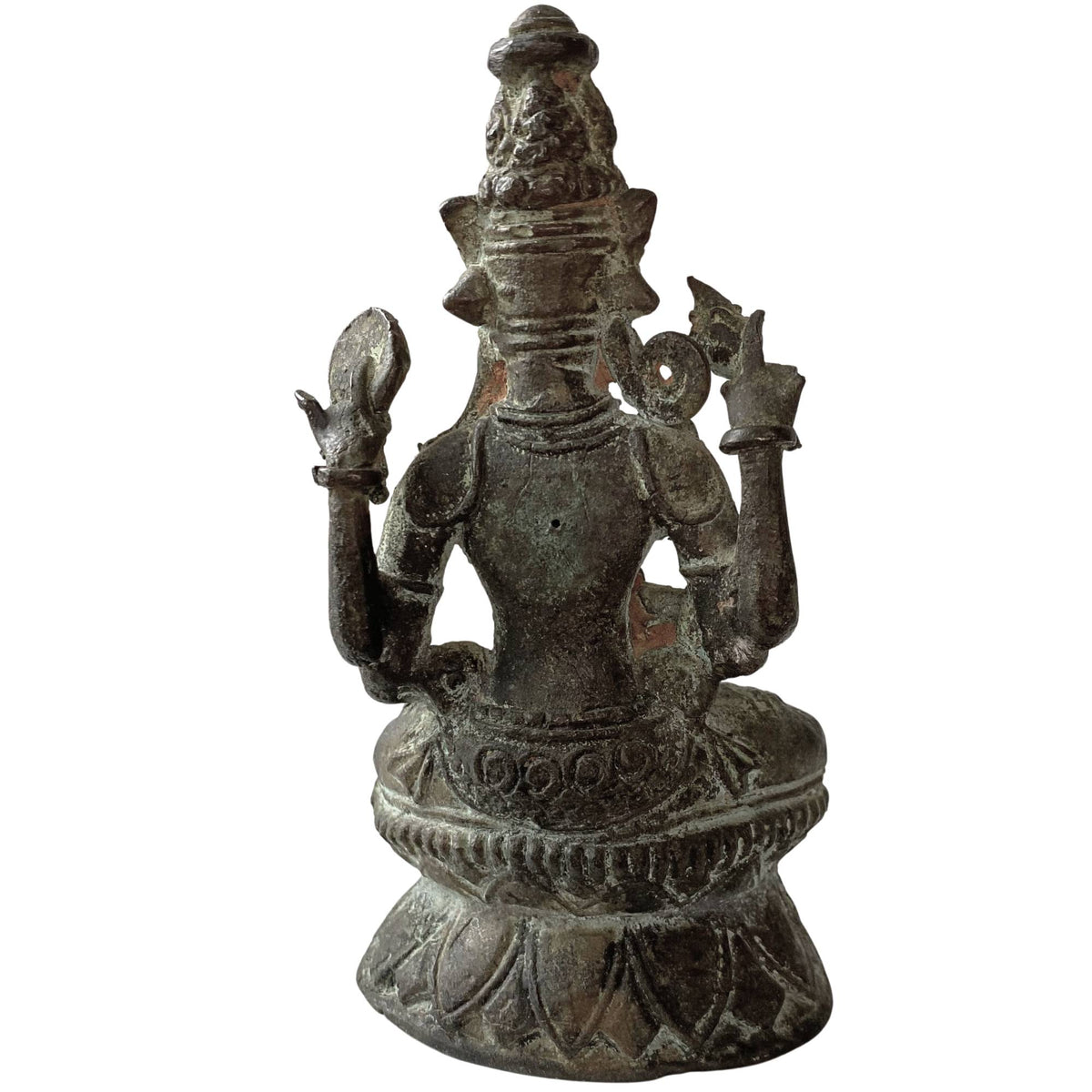 Close-up achterzijde van een antiek Himalaya brons beeld van een bodhisattva