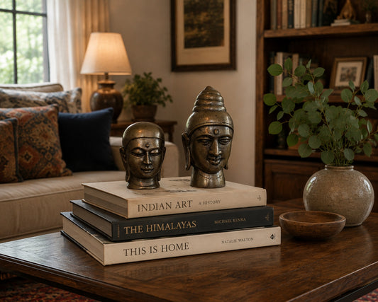 Detail van de bronzen Boeddha kop met focus op de ushnisha en serene gelaatstrek.