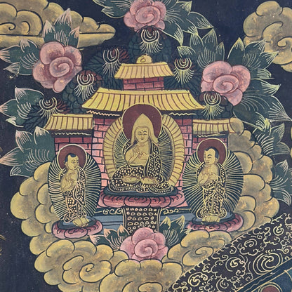 Close-up van het Jianding (鉴定) lakstempel op de achterzijde van de Thangka